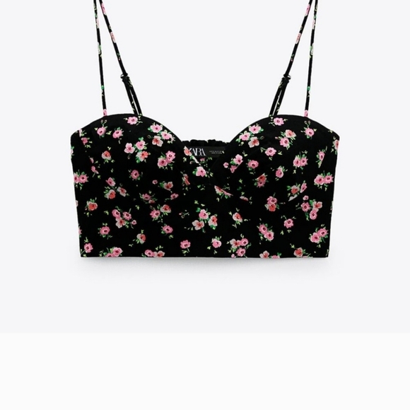 ZARA Floral Bustier Corset Crop Top Black Pink Size Small - Picture 2 of 9